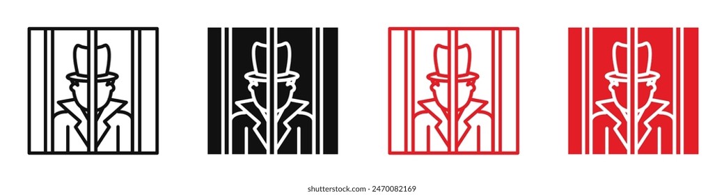 Criminal behind bars icon highlighting law enforcement and imprisonment, suitable for security, legal, and crime prevention designs