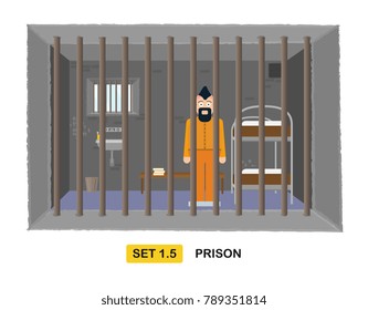 Criminal behind jail bars. Flat vector illustration of prisoner in jail.  