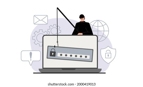 The criminal behind a laptop, computer. Hidden mining. Phishing notifications. Account hacking. A fraudster steals a bank card. Network security. Internet phishing, hacked username and password