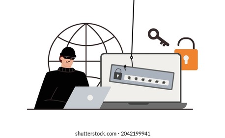 Der Verbrecher hinter einem Laptop, Computer. Versteckter Bergbau. Phishing-Benachrichtigungen Account-Hacking. Ein Betrüger klaut eine Bankkarte. Netzsicherheit. Internet-Phishing, gehackter Benutzername und Kennwort