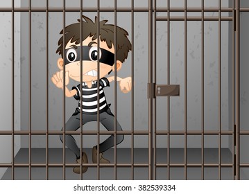 Criminal being locked up in the prison illustration