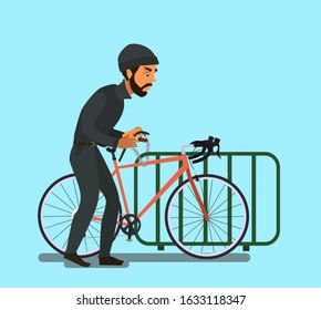 Criminal Bicycle theft vector illustration. Bicycle theft, violation of the law, design element of the crime. Thief carrying a car,