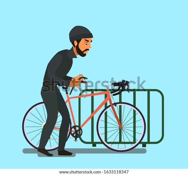 Criminal Bicycle theft vector illustration. Bicycle\
theft, violation of the law, design element of the crime. Thief\
carrying a car,