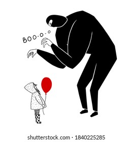 A criminal in black clothes is frightening a baby girl with a red ball in a raincoat and rubber boots. Black and white illustration. Vector.