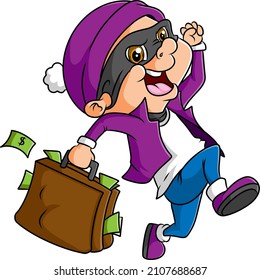 The criminal boy is running and holding the suite case of illustration