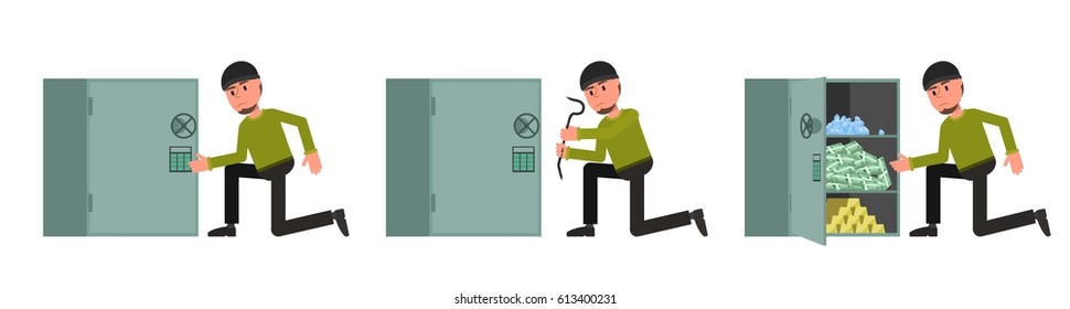 The criminal breaks the lock of the safe. The thief steals from the safe money, gold, diamonds. Vector illustration. Flat style design. Isolated on a white background.