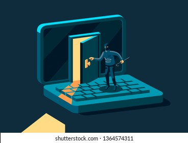 Criminal, burglar or cracker wearing black hat, mask and clothing stealing personal information from computer. Concept of hacker internet activity or security hacking. Vector modern illustration