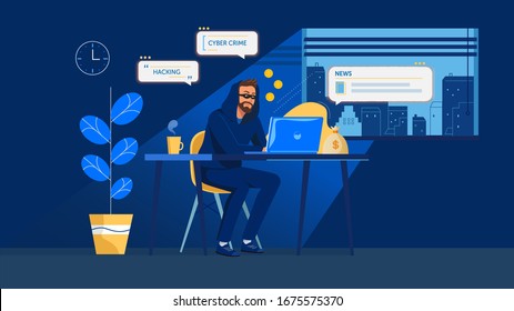 Criminal, burglar or cracker wearing black hats, masks and clothes stealing personal information from computer. Concept of hacker internet activity or security hacking. Cartoon vector illustration.