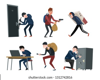 Criminal Burglars and Thiefs in Black Clothes Break Down the Appartment Door, Stealing TV, Take Money from Bank, Hacking a Computer, Cracking Safes with Picklock. Cartoon Style Illustration Set