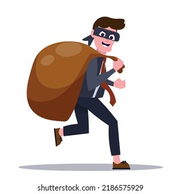 Criminal businessman in mask on the eyes carrying big sack with money on his back. Governmental crime. Business theft, corruption or kickback concept. Flat style modern vector illustration.