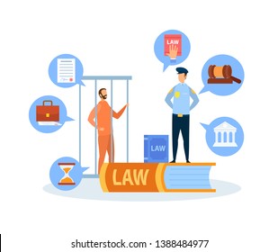 Criminal Case Trial Procedure Vector Illustration. Police Officer Guarding Prisoner in Cage. Policeman Cartoon Character. Criminal Defense. Judgement and Punishment. Gavel, Briefcase, Courthouse Icons