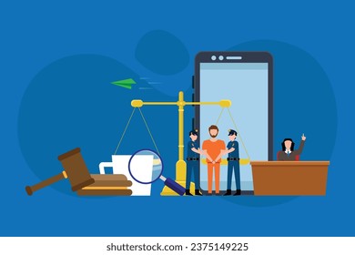 criminal caught by police officers. Trial in courtroom 2d vector illustration concept for banner, website, landing page, flyer, etc