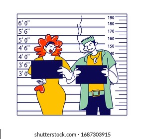 Criminal Characters Mug Shot in Police Station. Girl with Smoking Drug Dealer Stand at Height Scale Holding Blank Placards in Hands. Arrested People in Prison. Linear Vector Illustration