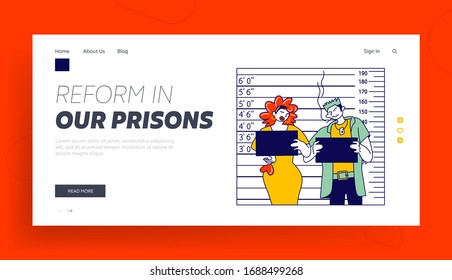 Criminal Characters Mug Shot In Police Station Landing Page Template. Prostitute With Drug Dealer At Height Scale Holding Blank Placards. Arrested People In Prison. Linear People Vector Illustration