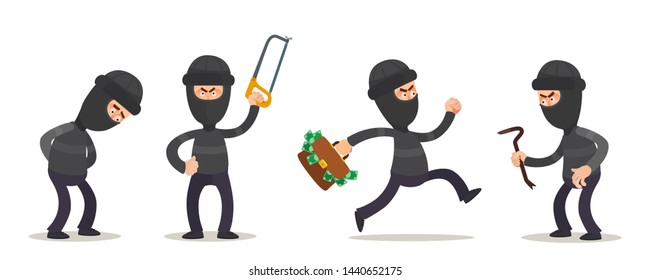 Criminal characters set in different poses. Robber in dark clothes. Thief, dangerous man in black mask. Vector illustration, flat design, cartoon style. Isolated on white background.