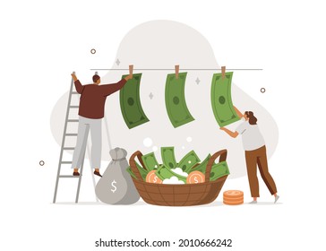 Criminal characters washing and drying on clotheslines illegal cash money. Financial crime prevention and money laundering concept. Flat cartoon vector illustration.