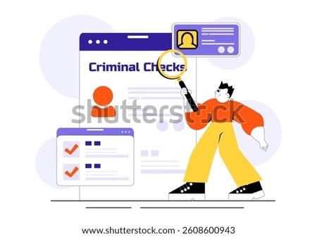 Criminal Checks Illustration Featuring Background Check for Recruitment, Criminal Record or Drug Test with Magnifier Inspecting Candidate Document