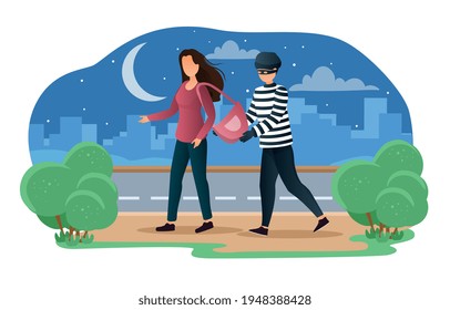 Criminal committing crime and victim. Pickpocket steal wallet from the purse. Robbery or theft scene. Flat cartoon vector illustration concept design. Simple art isolated on white background.