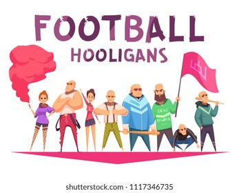 Criminal composition with cartoon style human characters of football hooligans with missiles flags and editable text vector illustration