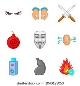 Criminal Conduct Icons Set. Cartoon Set Of 9 Criminal Conduct Vector Icons For Web Isolated On White Background