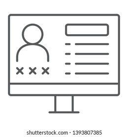 Criminal database thin line icon, data and crime, monitor sign, vector graphics, a linear pattern on a white background, eps 10.