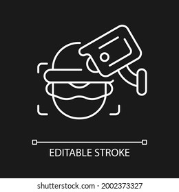 Criminal detection with surveillance camera white linear icon for dark theme. Facial recognition. Thin line customizable illustration. Isolated vector contour symbol for night mode. Editable stroke