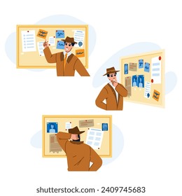 criminal detective board  vector.  wall map, mafia murder, scene pin criminal detective board character. people flat cartoon illustration