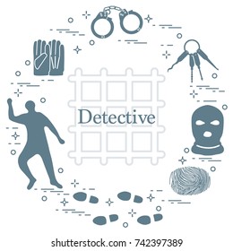 Criminal and detective elements. Crime, law and justice vector icons. Design for announcement, print.
