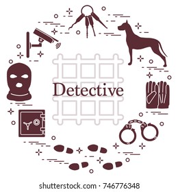 Criminal and detective elements. Crime, law and justice vector icons. Design for announcement, print.