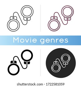 Criminal drama icon. Linear black and RGB color styles. Popular movie genre, common cinema category. Detective mystery, legal crime investigation. Handcuffs isolated vector illustrations