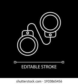 Criminal drama white linear icon for dark theme. Popular movie genre, cinema category. Hand cuffs. Thin line customizable illustration. Isolated vector contour symbol for night mode. Editable stroke