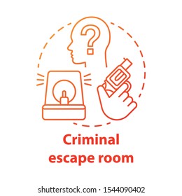 Criminal escape room red gradient concept icon. Crime theme quest idea thin line illustration. Investigation strategy game. Detective solving mystery, case, murder. Vector isolated outline drawing