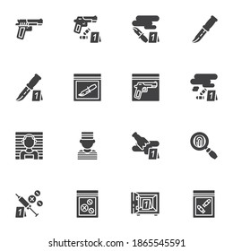 Juego de iconos vectoriales de evidencia criminal, colección moderna de símbolos sólidos, paquete de pictogramas estilo relleno. Señales, ilustración del logotipo. El juego incluye iconos como pistola, cuchillo con sangre, huella dactilar, prisionero
