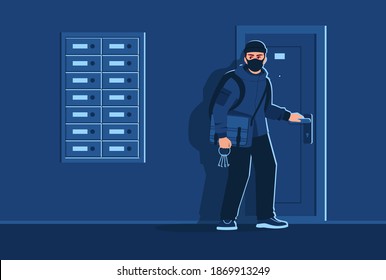 Criminal Got Into Someone House Semi Flat Vector Illustration. Night Bulgar Intrusion Into Apartment. Stealing Keys Bunch. Money And Precious Jewelry Stealing 2D Cartoon Character For Commercial Use
