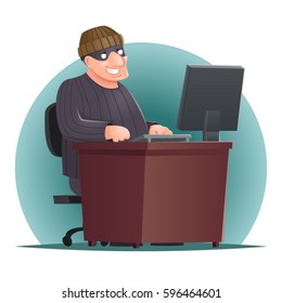 Criminal Hacker Adult Online Thief Computer Table Character Icon Retro Cartoon Design Vector Illustration