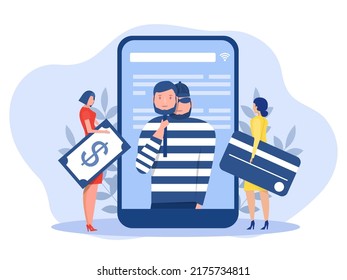 Criminal hacker holding friends mask for hacking on mobile phone screen stealing money ,cyber crime, theft of personal data, password, credit card flat vector illustration.