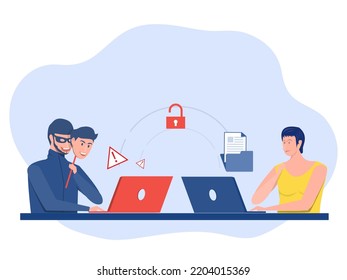 Criminal hacker holding friends mask for hacking on notebook laptop screen stealing data ,cyber crime, theft of personal data, password,  flat vector illustration.