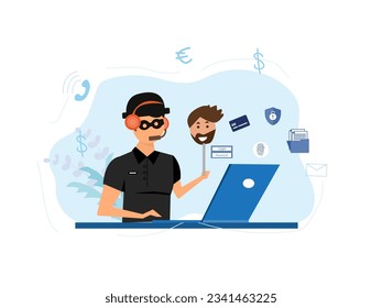 Criminal hacker holding friends mask for hacking on laptop screen stealing money ,cyber crime, theft of personal data, password, credit card flat vector illustration.
