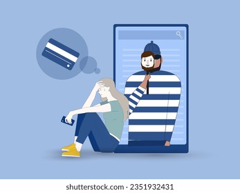 Criminal hacker holding friends mask for hacking on mobile phone screen stealing money ,cyber crime, theft of personal data, password, credit card flat vector illustration.