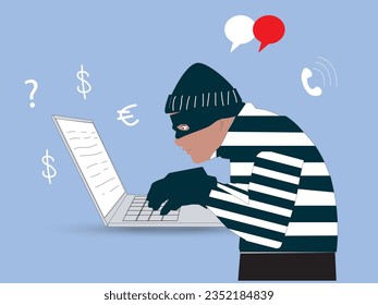 Criminal hacker holding friends mask for hacking on mobile phone screen stealing money ,cyber crime, theft of personal data, password, credit card flat vector illustration.