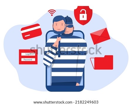 Criminal hacker holding friends mask for hacking on mobile phone screen stealing money ,cyber crime, theft of personal data, password, credit card flat vector illustration.