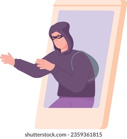 Criminal hacker reach out from smartphone screen. Cyber threat isolated on white background