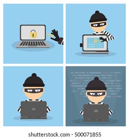 Criminal Hacker Set. Funny Cartoon Thief In Black Mask Stealing Information From Laptop. Concept Of Fraud, Cyber Crime.