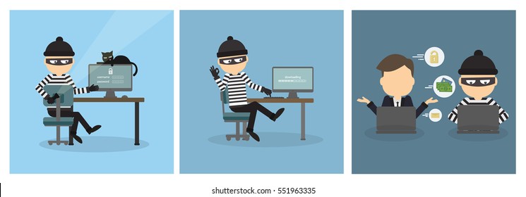 Criminal Hacker Set Wanna Cry. Funny Cartoon Thief In Black Mask Stealing Information From Laptop. Concept Of Fraud, Cyber Crime. Money Stealing. Wannacry