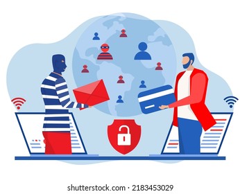 Criminal  hacking on laptop screen stealing cyber crime, theft of personal data, password, credit card flat vector illustration.