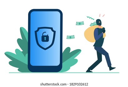 Criminal hacking personal data and stealing money. Hacker carrying bag with cash from unlock phone flat vector illustration. Fraud, security concept for banner, website design or landing web page