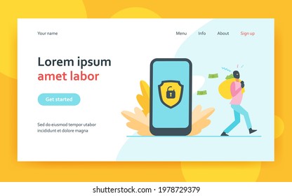 Criminal hacking personal data and stealing money. Hacker carrying bag with cash from unlock phone flat vector illustration. Fraud, security concept for banner, website design or landing web page