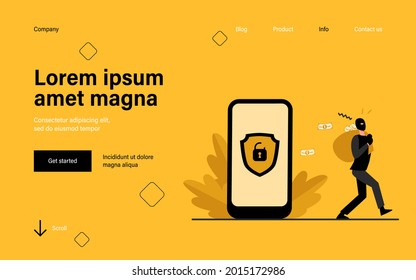 Criminal hacking personal data and stealing money. Hacker carrying bag with cash from unlock phone flat vector illustration. Fraud, security concept for banner, website design or landing web page