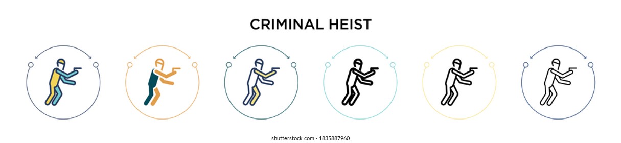 Icono del atraco criminal en el estilo relleno, delgado, contorno y trazo. Ilustración vectorial de dos diseños de iconos vectoriales de chapa negra y de color para móviles, ui, web