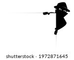 A criminal is hidden behind the top right corner of a blank sign on a white background